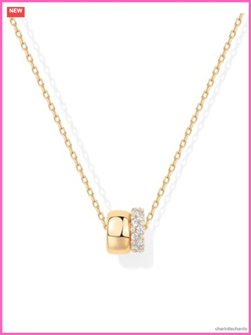 14K Gold Plated Rondelle Pendant Necklace with CZ - Adjustable 19"